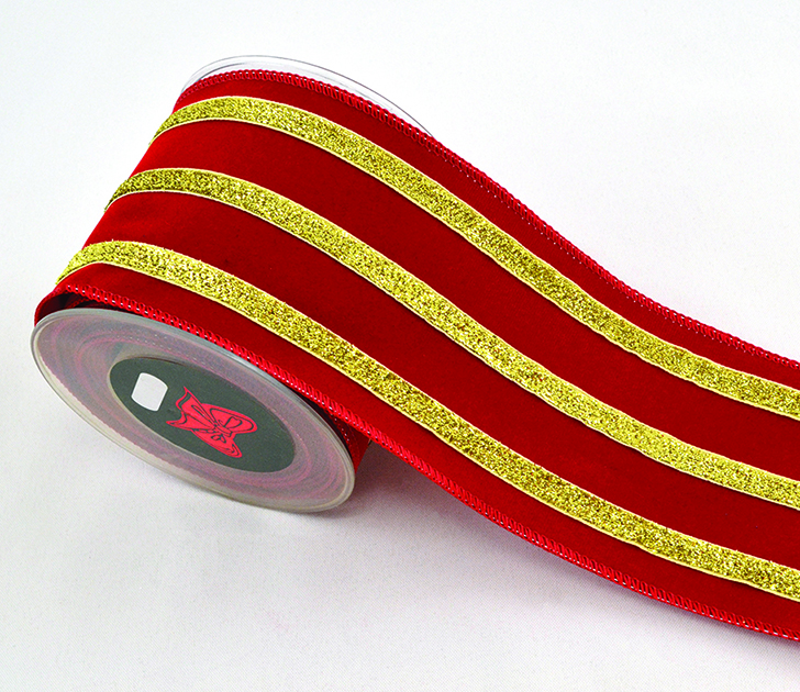 NASTRO VELVET ROSSO C/LINEE ORO 10CM. X4,5MT.