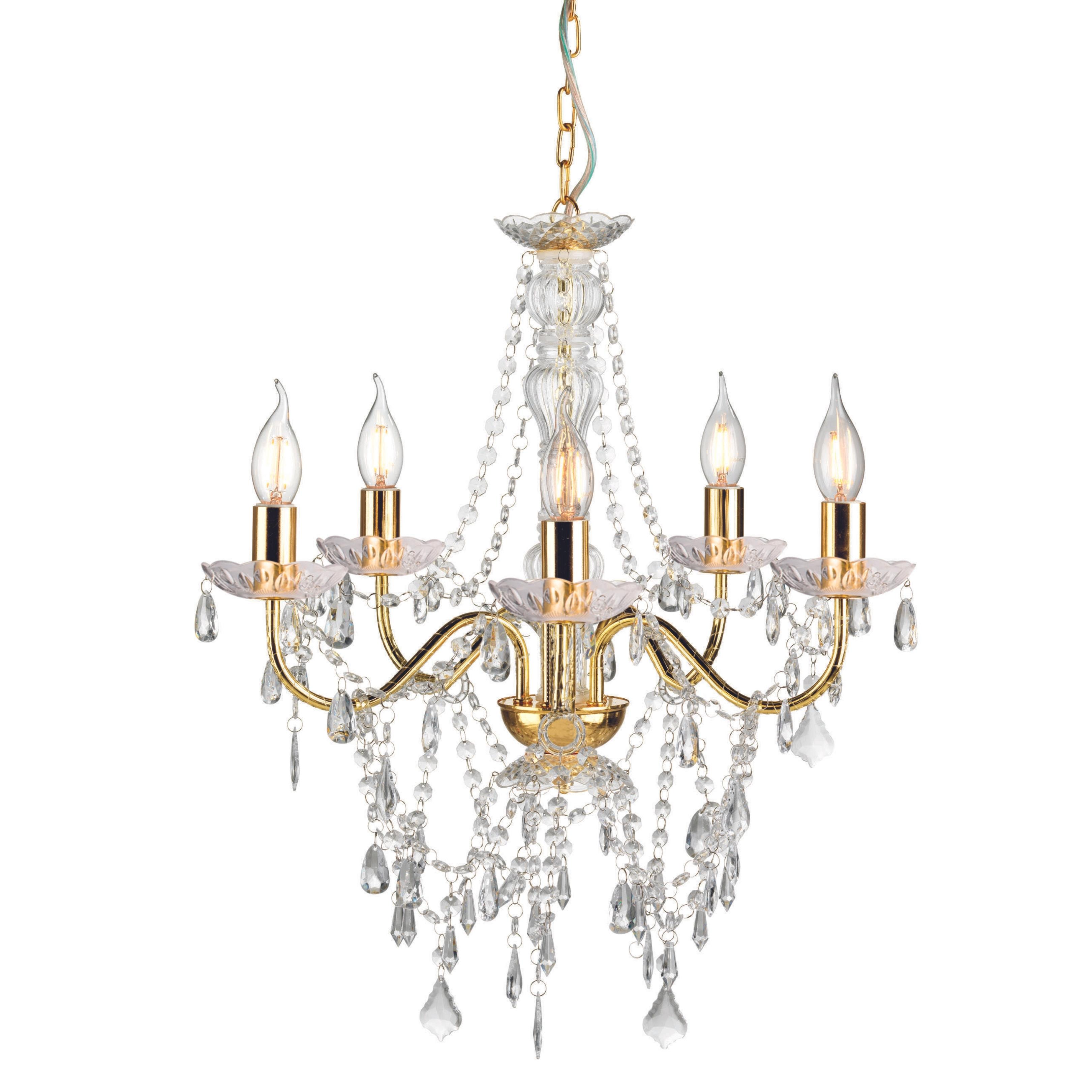 LAMPADARIO 5 LUCI C/PENDAGLI D52 H57CM. ORO