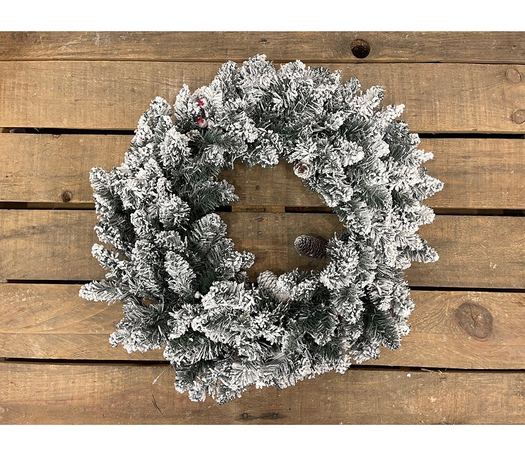 CORONA DI PINO C/PIGNE BACCHE D60CM. FLOCCATO