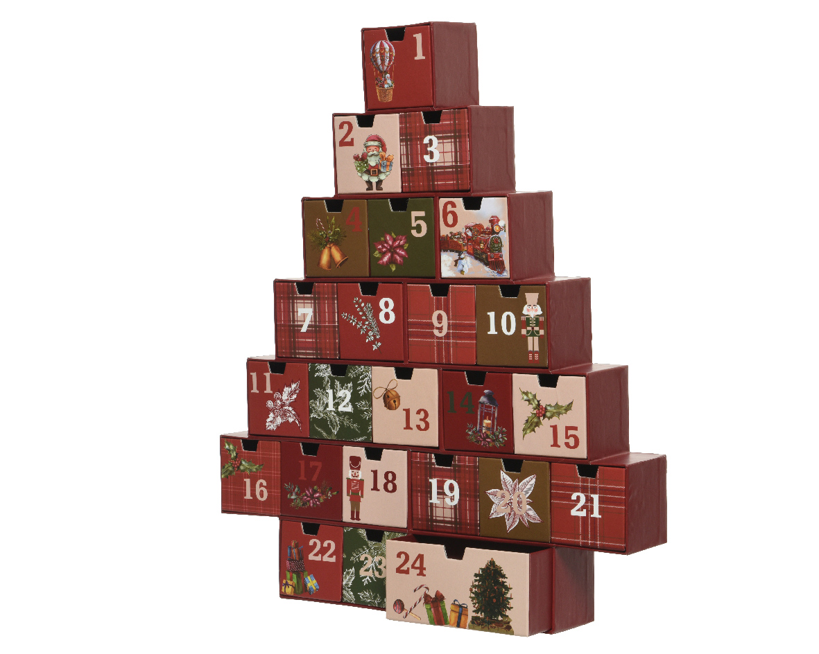 CALEND.AVVENTO FORMA ALBERO 6X45 H37CM.
