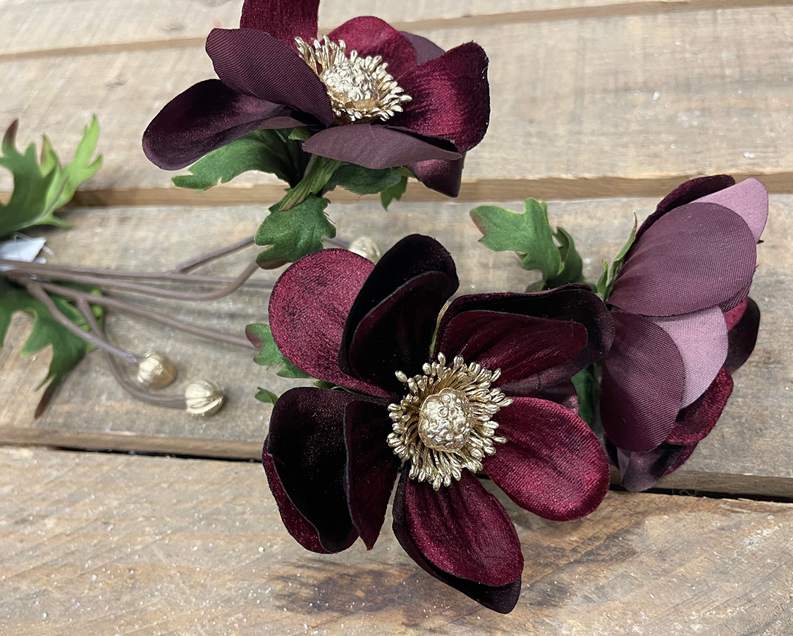 ANEMONE VELVET SPRAY X3 74CM. BURGUNDY