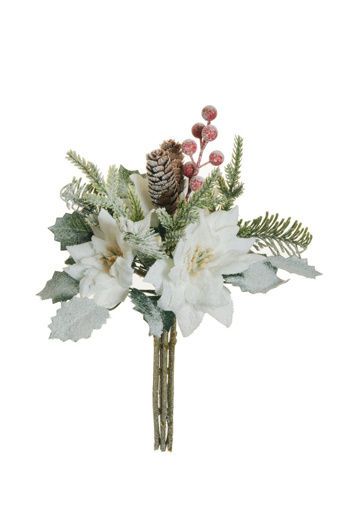POINSETTIA C/BACCHE E PIGNE INNEV. 31CM. BIANCO