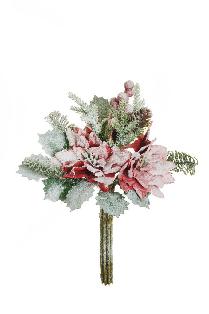 POINSETTIA C/BACCHE E PIGNE INNEV. 31CM. ROSSO