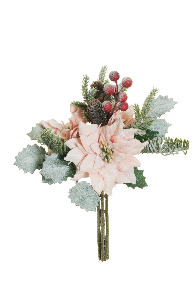 POINSETTIA C/BACCHE E PIGNE INNEV. 31CM. ROSA