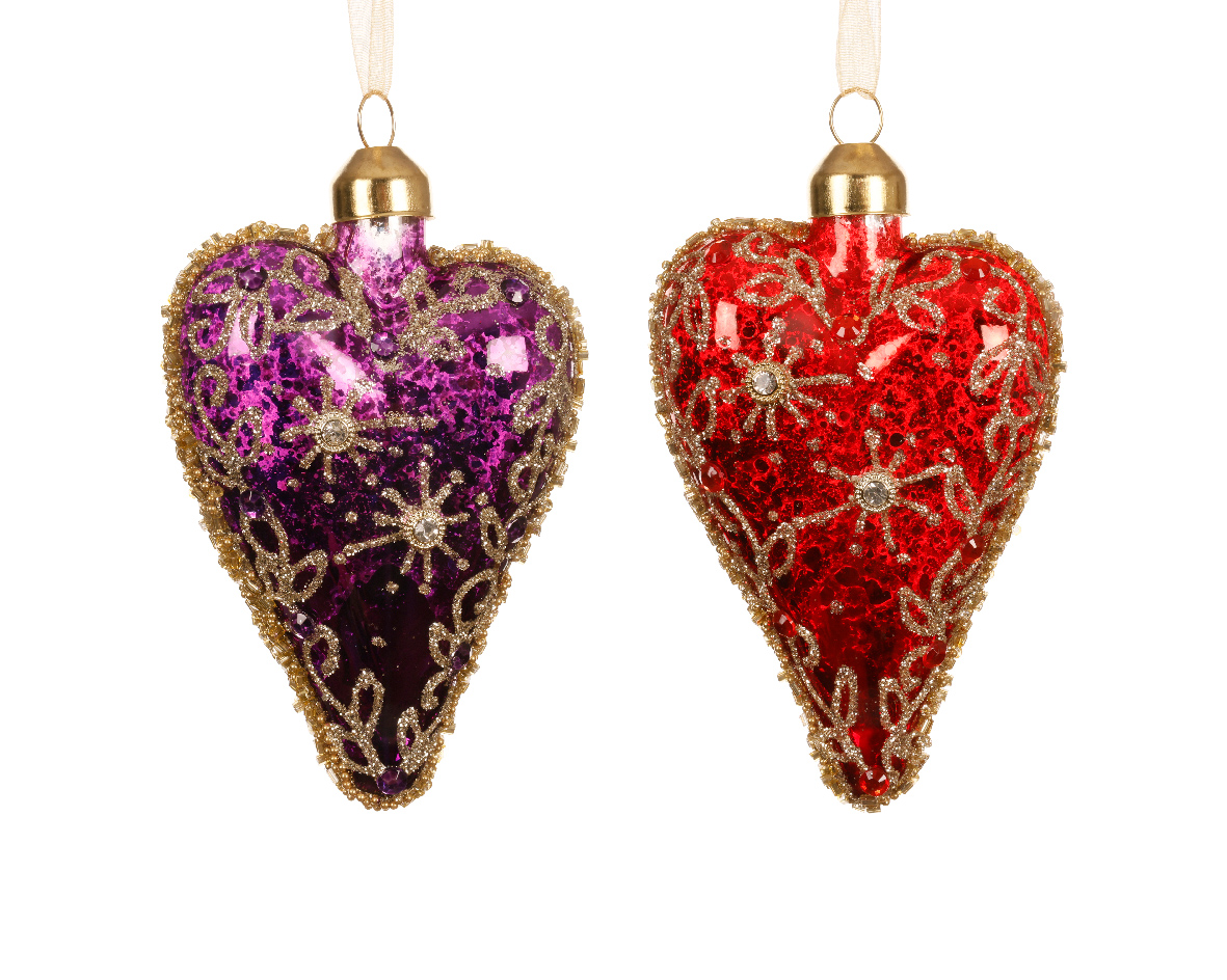 CUORI VETRO GLITTER E PERLE D7 H10CM. 2PZ. COL.ASS.