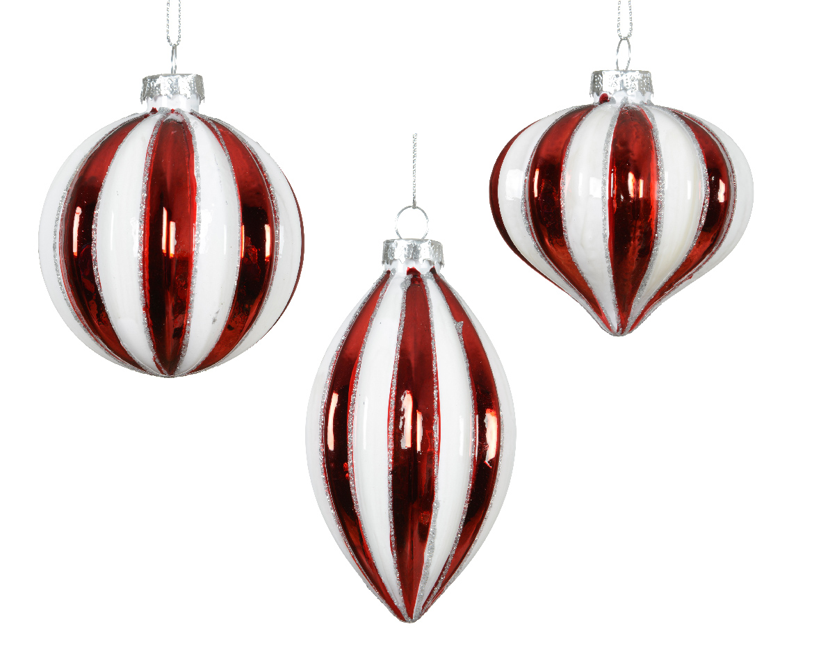 SFERE VETRO A STRISCE ROSSO BIANCO D8CM. 3PZ.