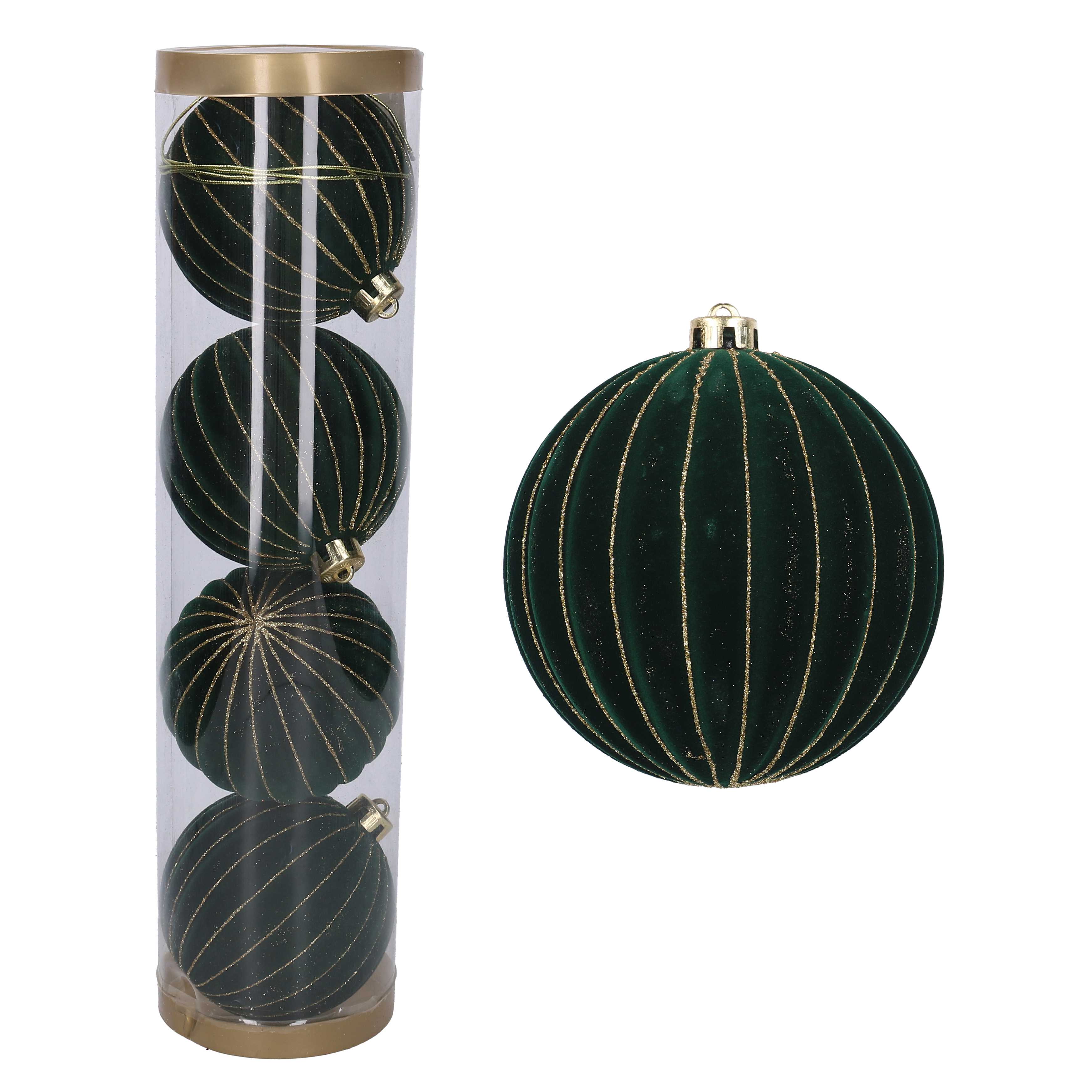 SFERA VELLUTO VERDE C/RIGHE ORO D12CM. 4PZ.
