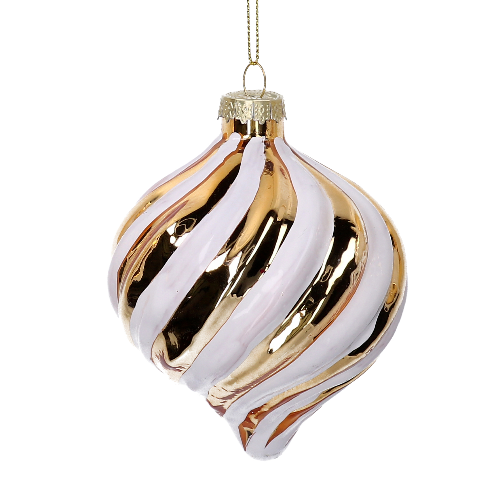 SFERA VETRO CIPOLLA RIGHE ORO E BIANCO D9X11CM. 6PZ.
