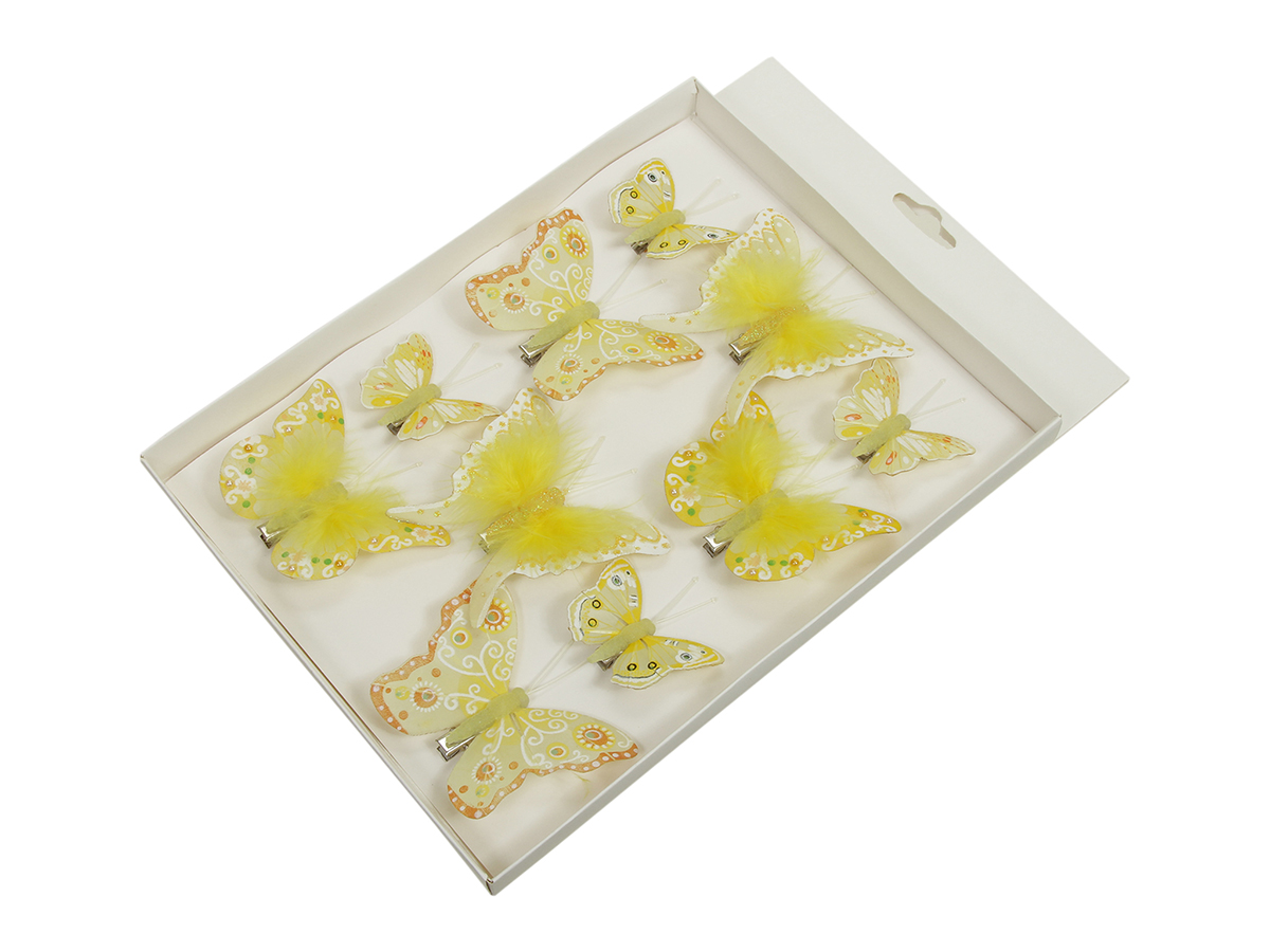 FARFALLE C/PIUME CLIP 10PZ. 5-8CM. GIALLO