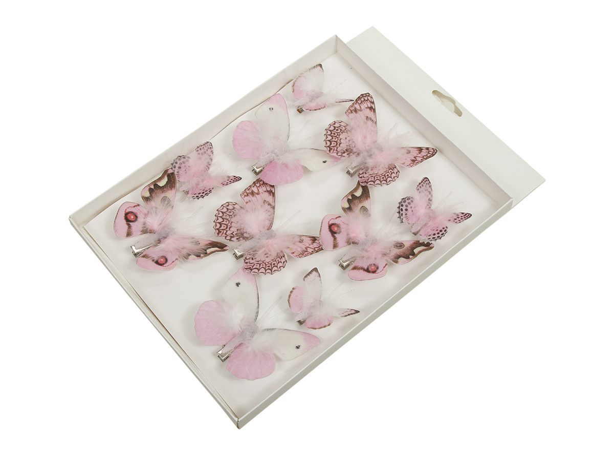 FARFALLE C/PIUME CLIP 10PZ. 5-8CM. ROSA