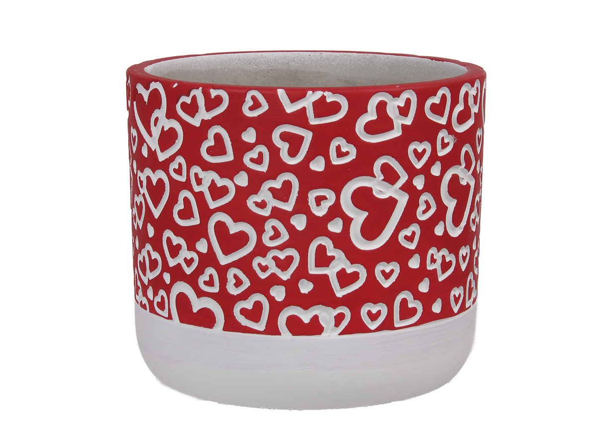 VASO CEM. ROSSO C/CUORI D12 H10,5CM.