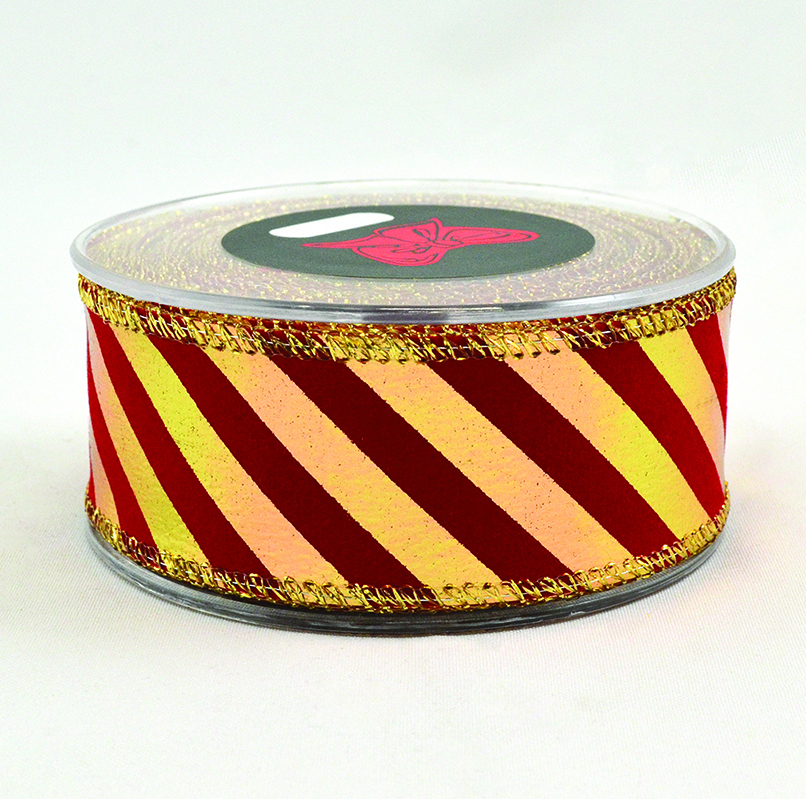 NASTRO VELVET RIGHE DIAGON. 6,7CM. X9MT. GOLD/RED