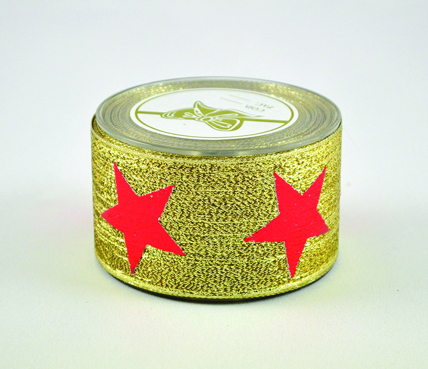 NASTRO ORO MET. C/STELLE ROSSE 5CM. X9MT.