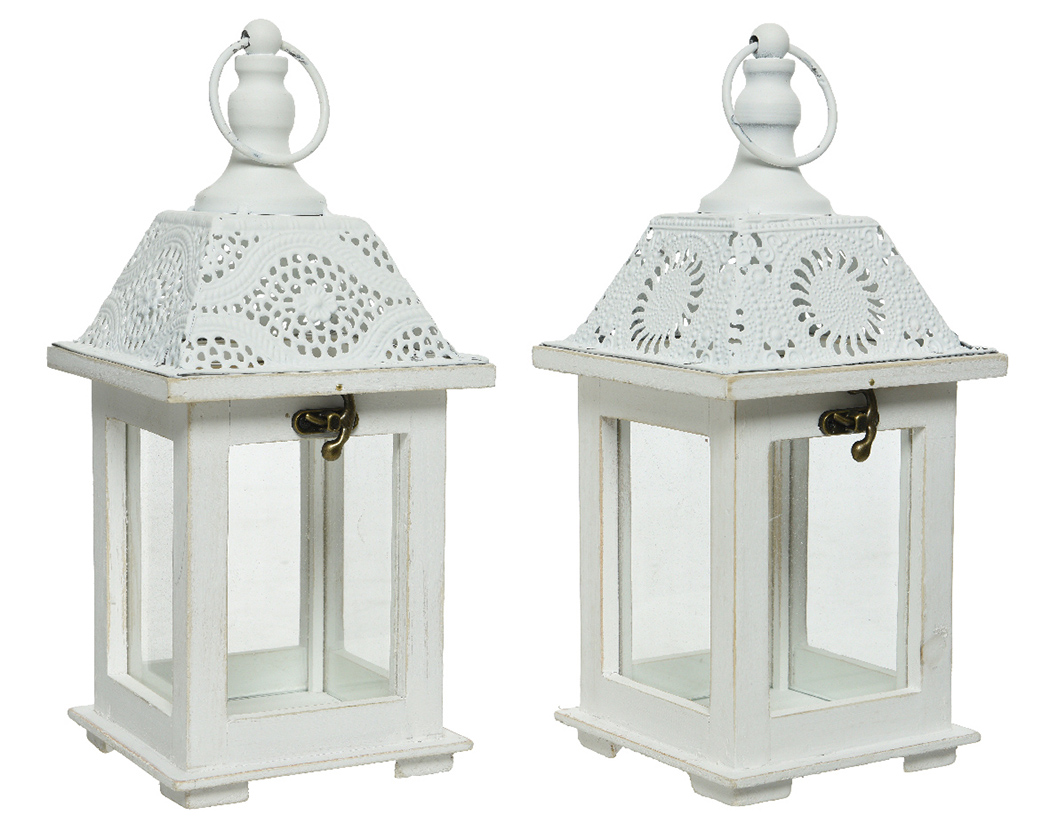LANTERNA LEGNO E MET. H29 13X13CM. BIANCO
