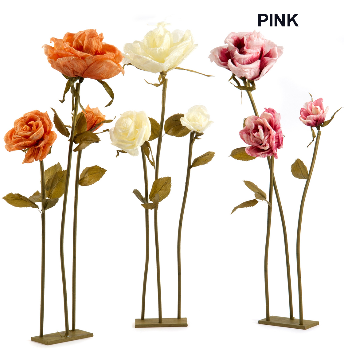 TRIO ROSE CARTE H110-110-140CM. BASE FERRO ROSA