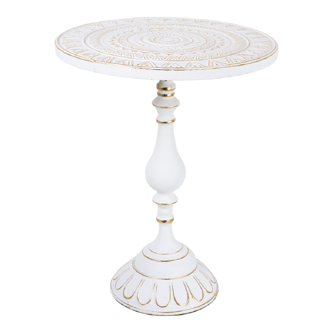 TAVOLO METALLO D.46 H57CM. BIANCO C/RICAMI ORO