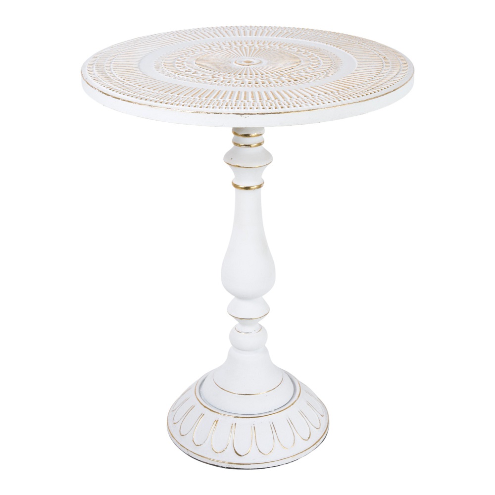 TAVOLO METALLO D.51,5 H65CM. BIANCO C/RICAMI ORO