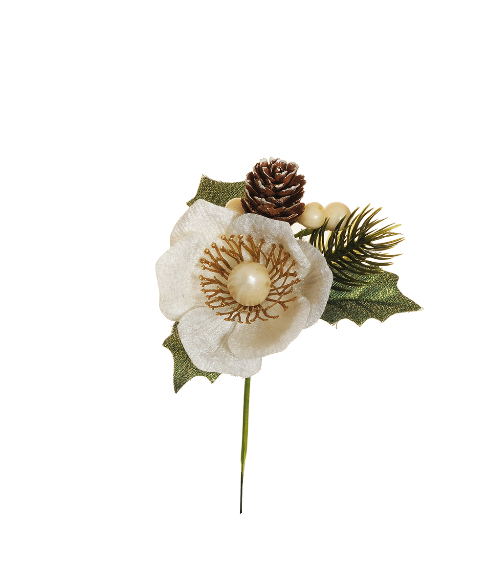 PICK C/XMAS ROSA,PIGNA E BACCHE 15,5CM. 12PZ. BIANCO