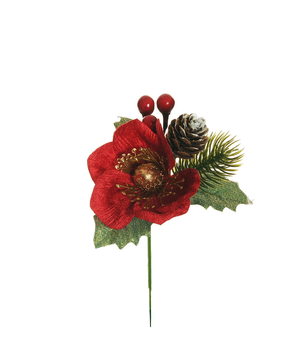 PICK C/XMAS ROSA,PIGNA E BACCHE 15,5CM. 12PZ. ROSSO