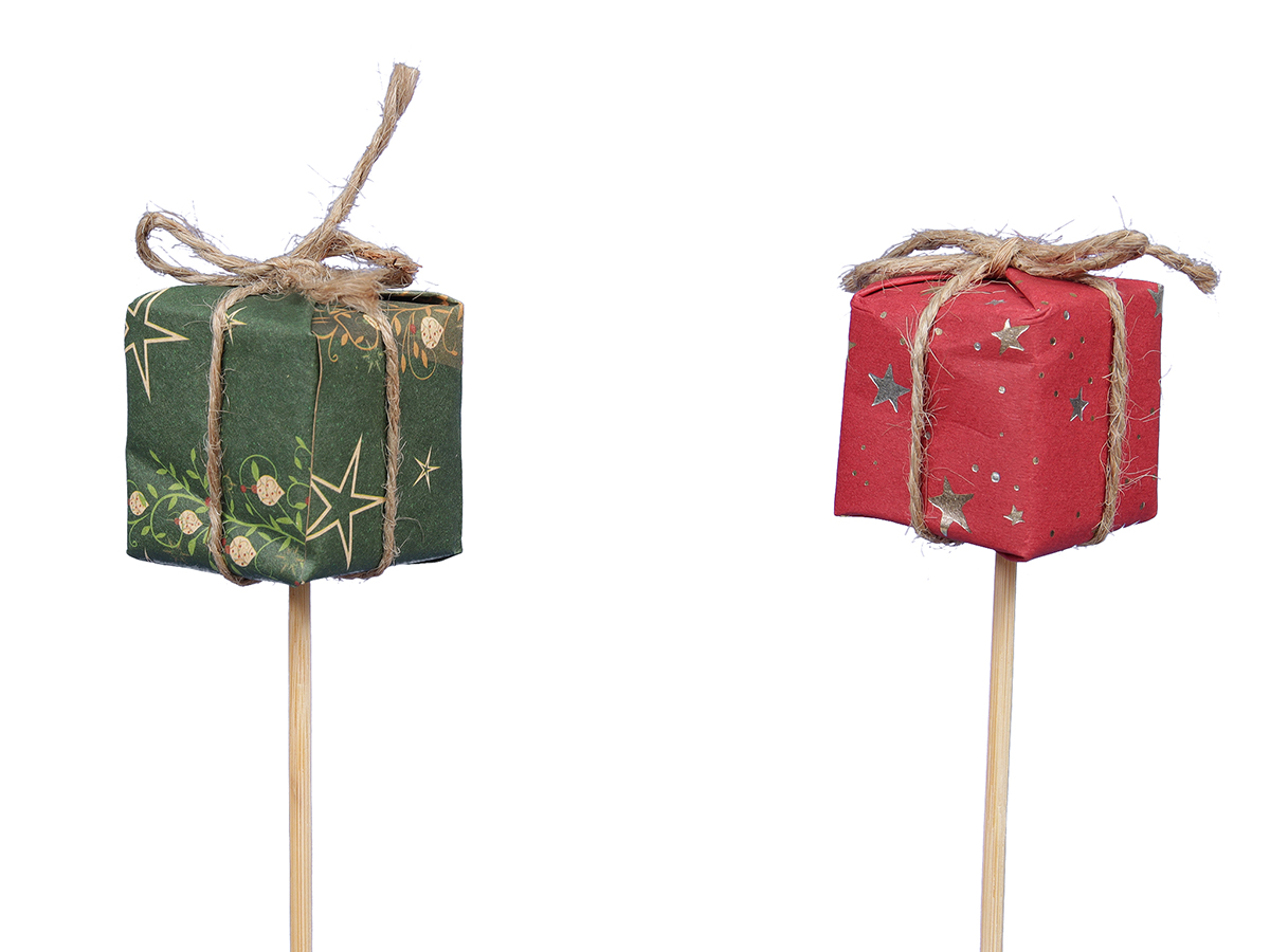 PICK C/PACCHETTI STOFFA 3,5X3,5CM. 9PZ. ROSSO E VERDE