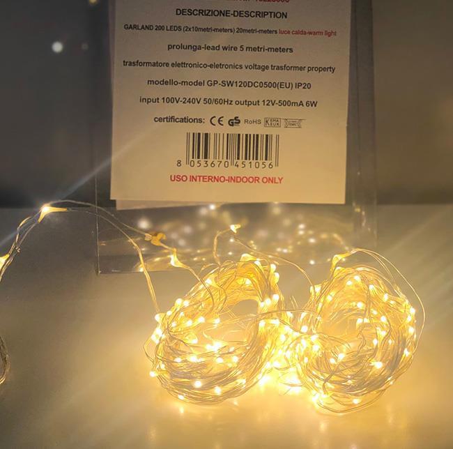 GARLAND 200LEDS 2FILI 2X10MT. PROL.5MT.LUCE CALDA