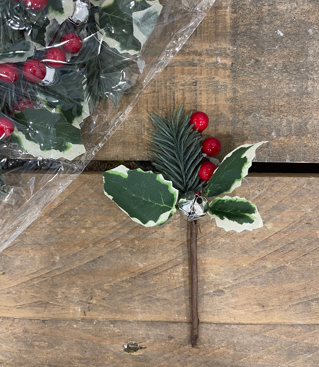 PICK XMAS C/SONAGLIO E AGRIFOGLIO 14CM. 12PZ.