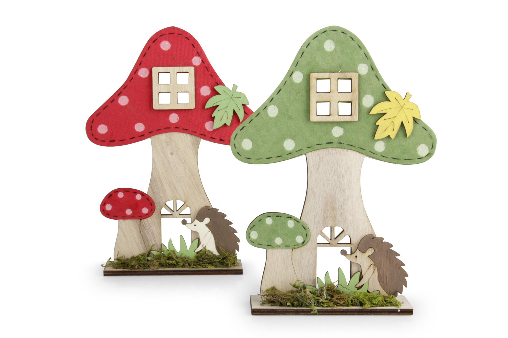 FUNGHI LEGNO E FELTRO 21,5X15,3CM. 4PZ. VERDE E ROSSO