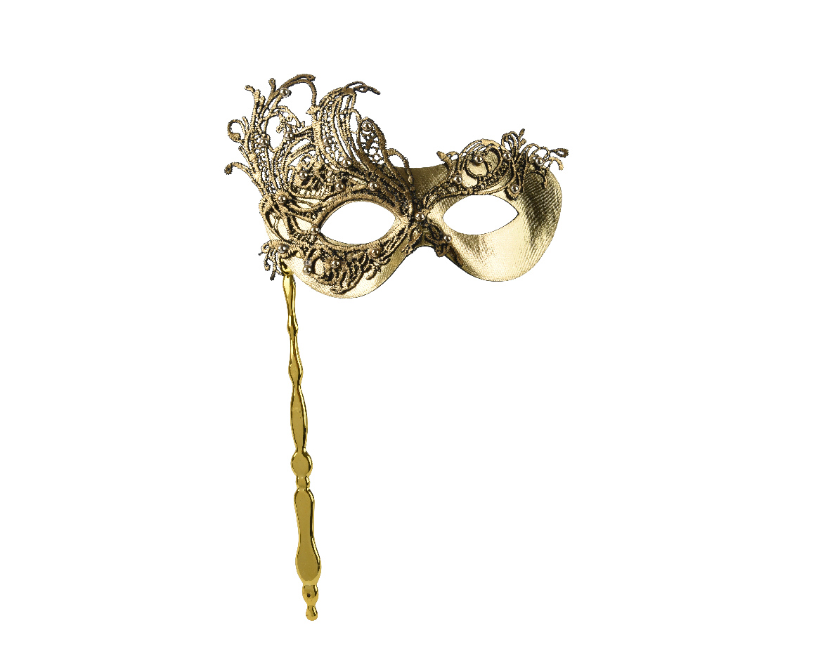 MASCHERA VENEZIANA PL. C/STICK 18X13CM. GOLD