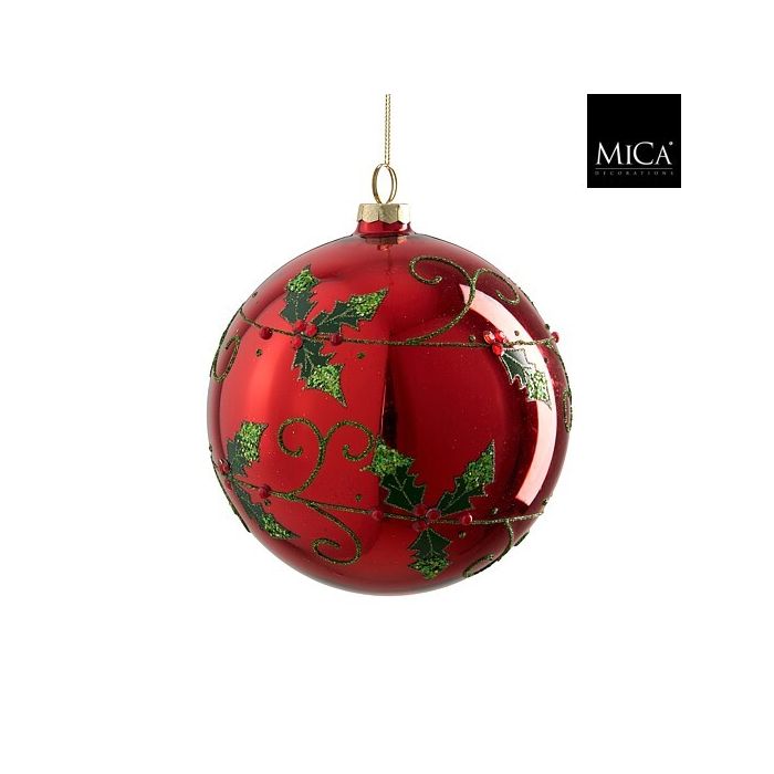 SFERA VETRO C/AGRIFOGLIO D15CM. ROSSO